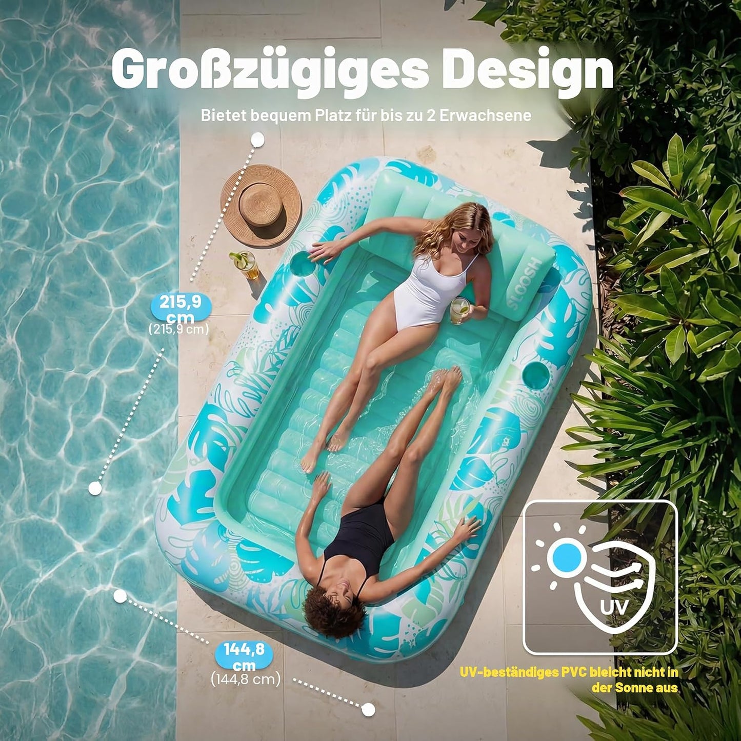 Aufblasbarer 4-in-1 Sonnenliegepool mit Kissen und Getränkehalter, Cyanweiss XL