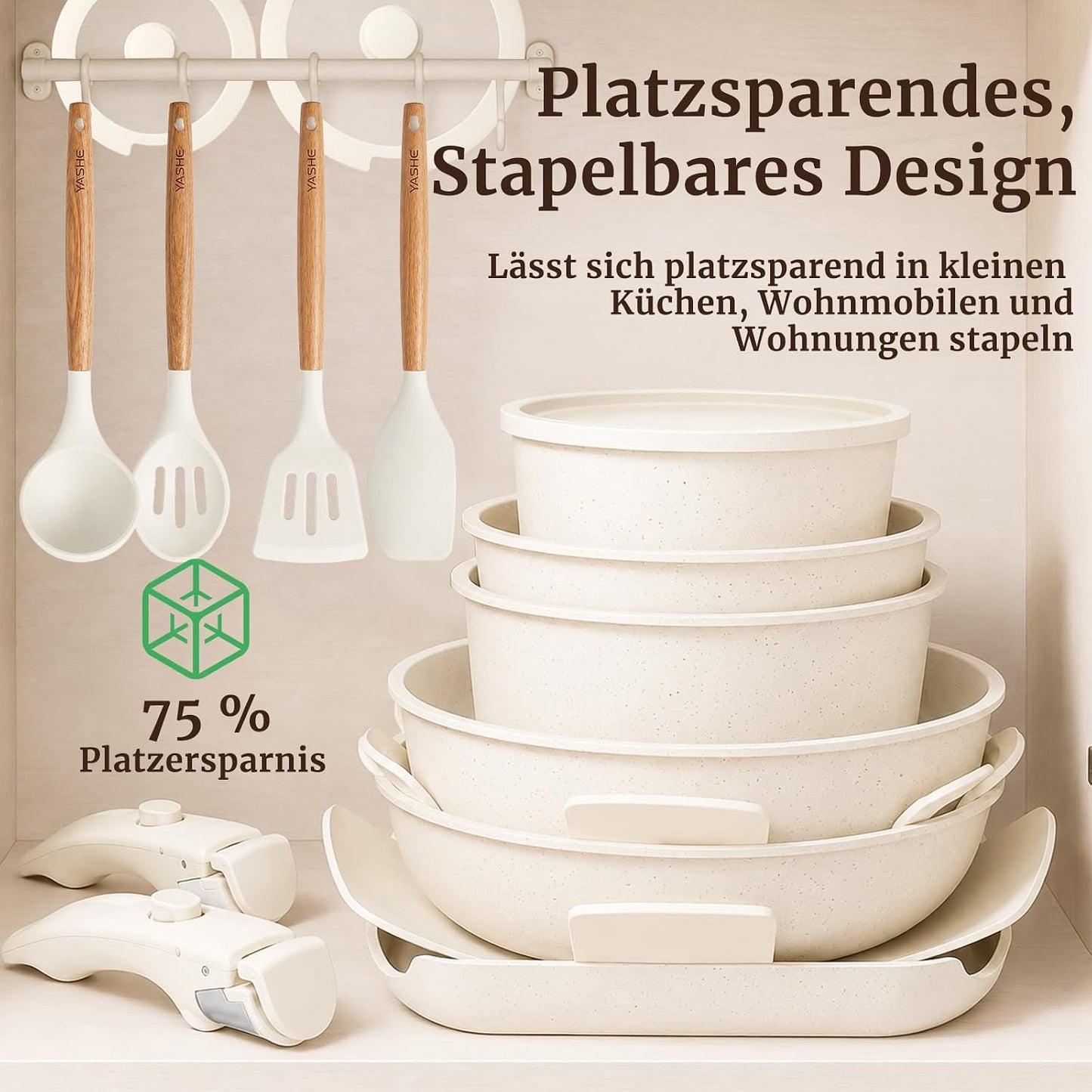 21-teiliges Kochgeschirrset mit abnehmbarem Griff, Weiss