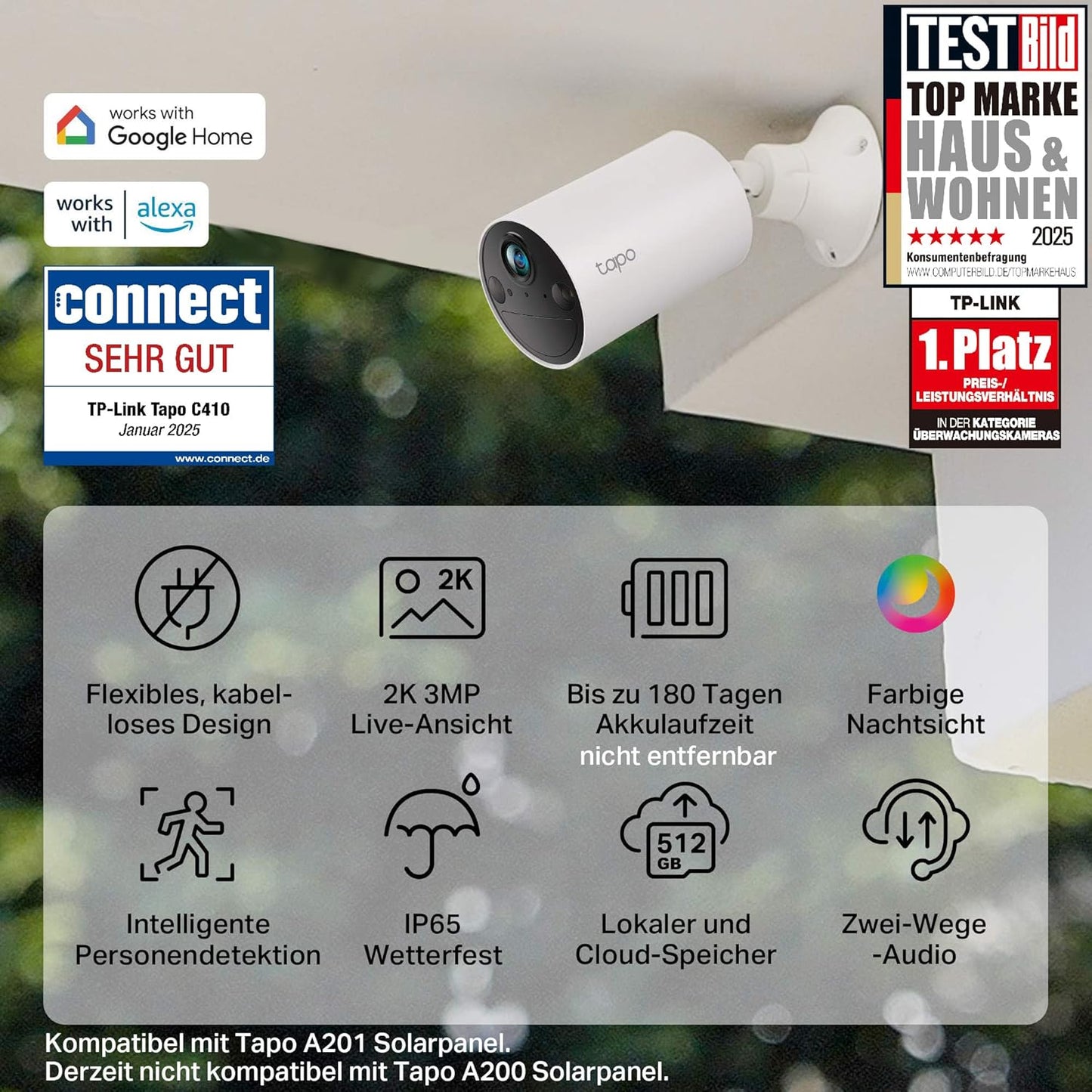 Smart Wire-Free Security Camera, Aussenkamera Akku 2pk