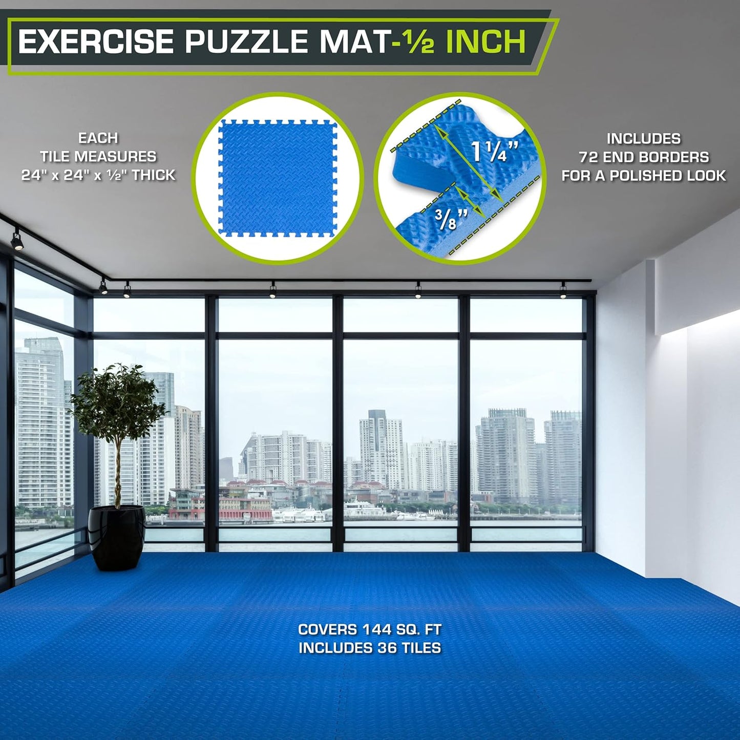 Puzzle-Sportmatten, 36 Stück, Blue - 1/2 Inch - 144 Sq Ft - 36 Tiles