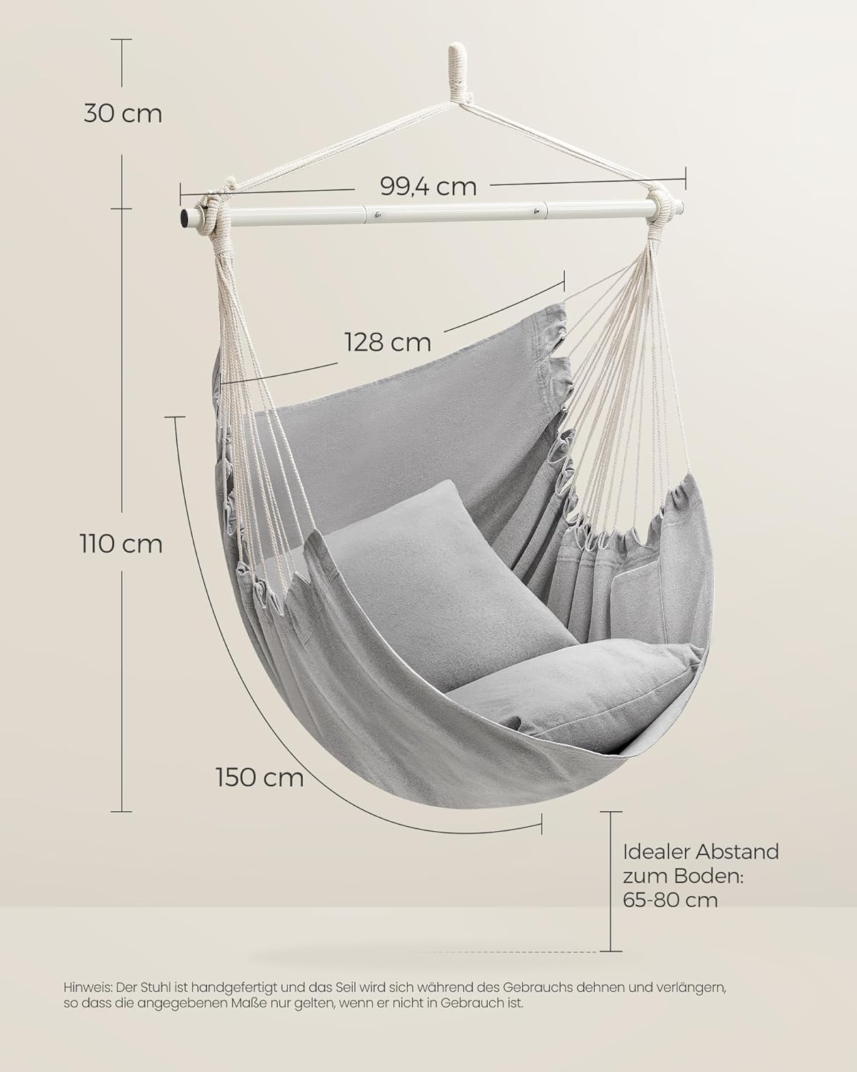 Hängesessel mit Kissen und Metallkette, Indoor/Outdoor, Taubengrau Stahlstange