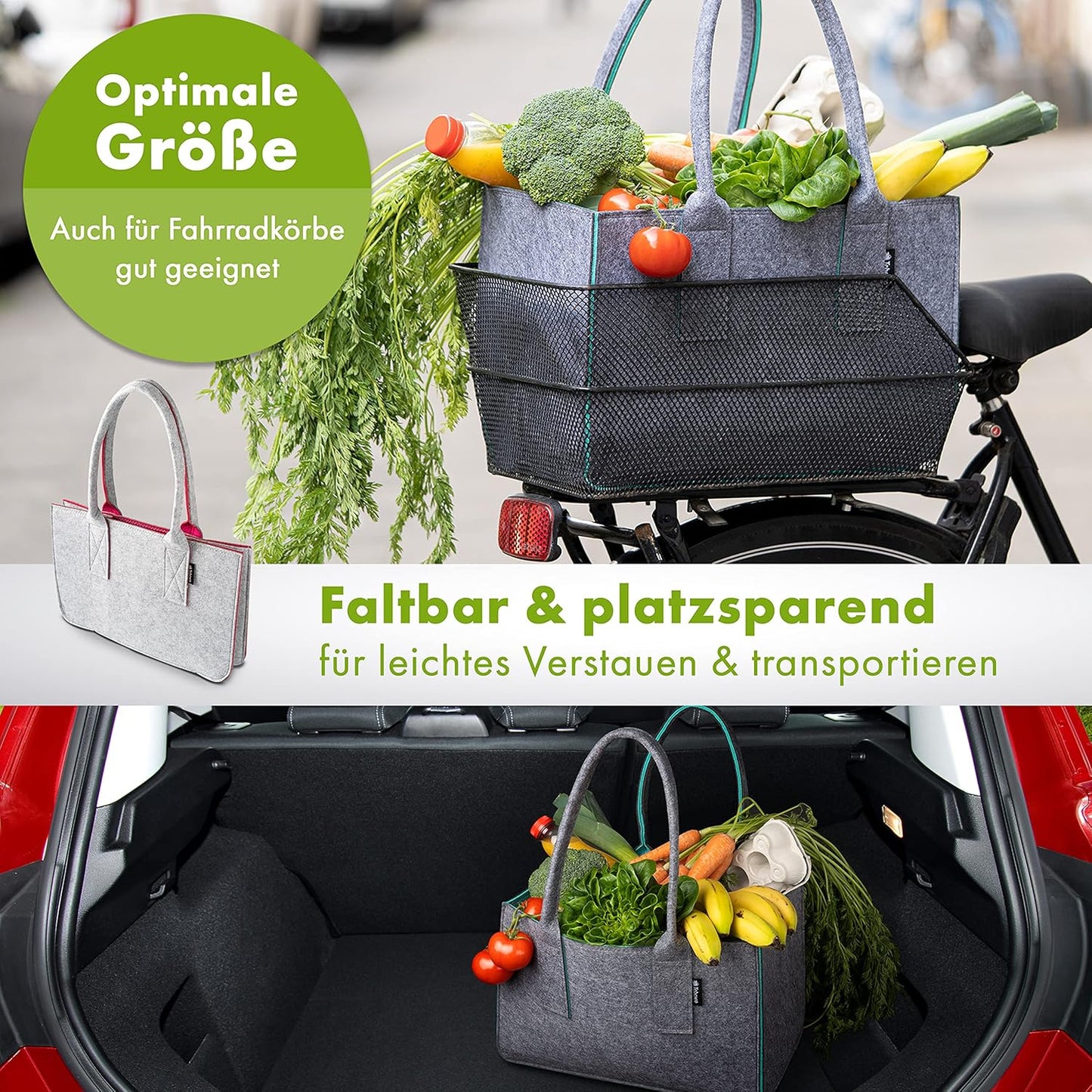 Filztasche Premium Einkaufskorb faltbar, Dunkelgrau 2 / Dunkelgrau 1