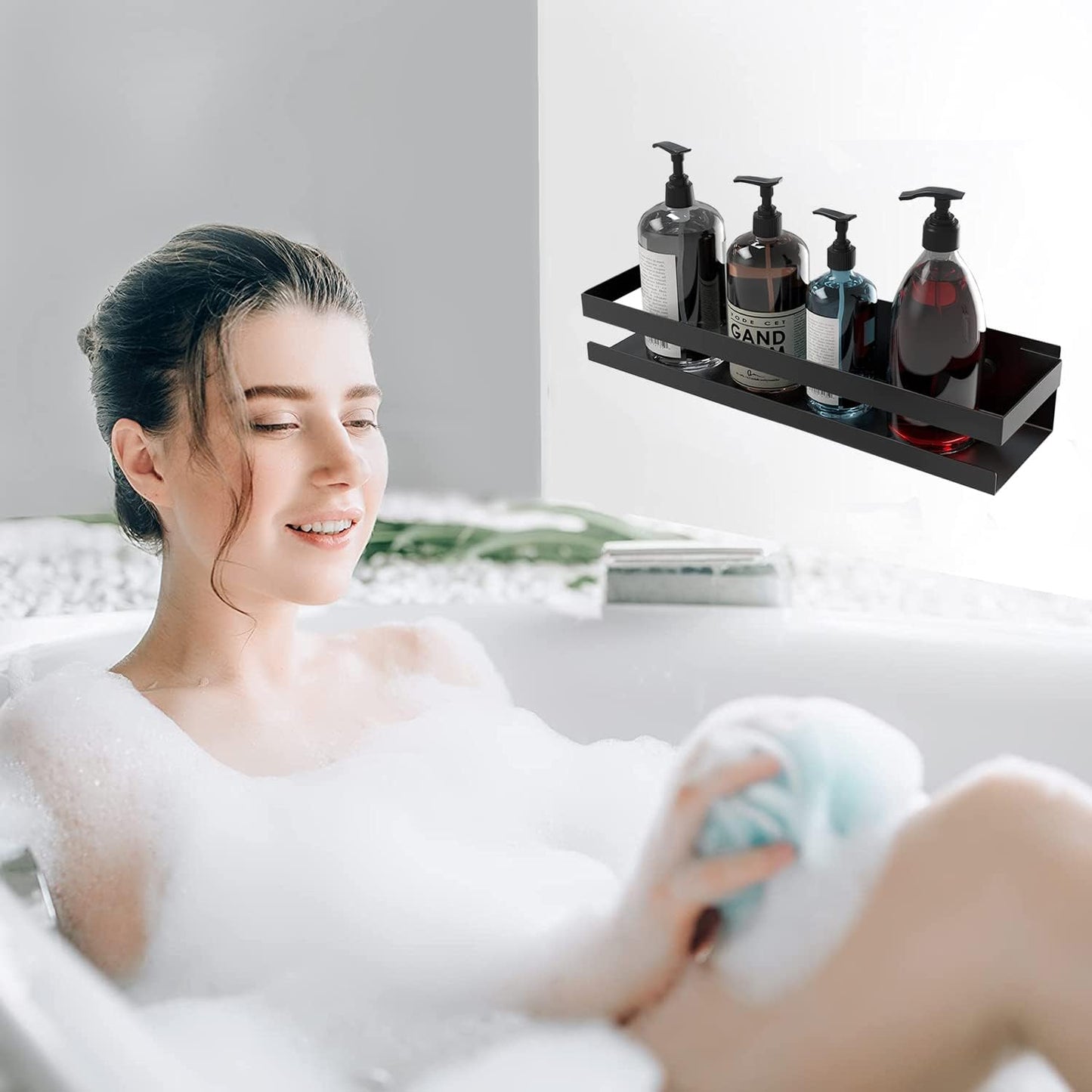 2-teiliges Duschregal-Set ohne Bohren, mit 6 Haken, Schwarz