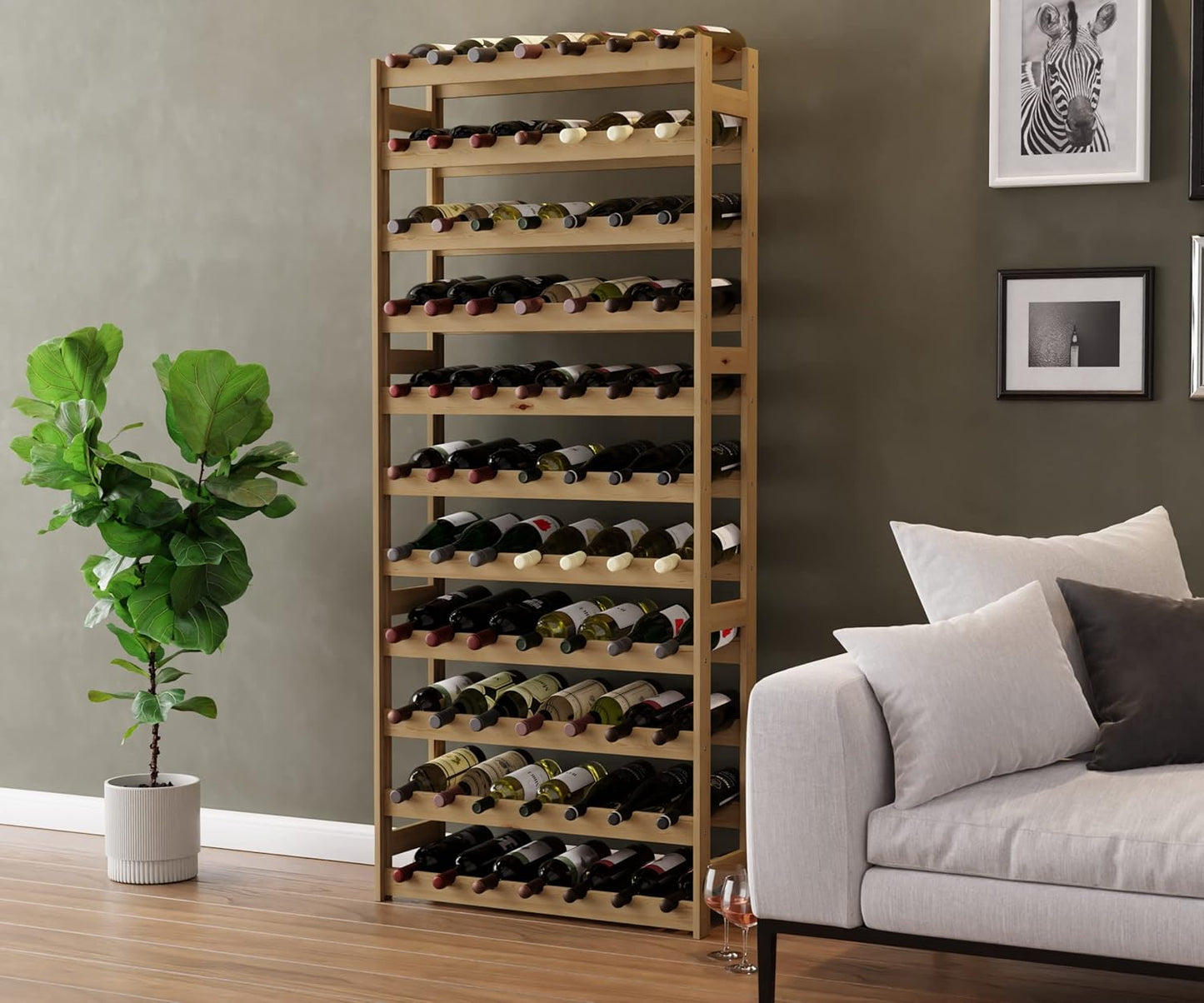 Weinregal für 77 Flaschen, Natur RW-1-77, 166 x 72,5 x 25, 11 liegen, 77 Flaschen