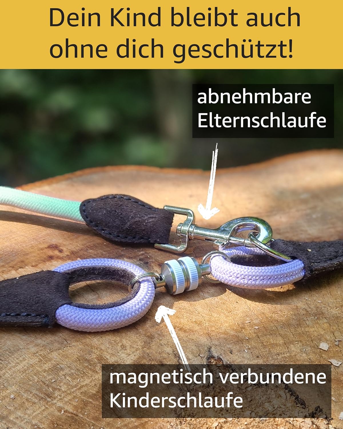 Kindersichere Hundeleine mit Magnetschlaufe, 65cm + 70cm (Kinderschl.) und 54cm (Elternschl.) / Flieder Lila - Mint