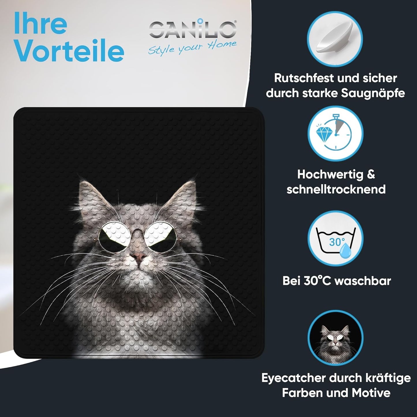 Rutschfeste Badematte 53 x 53 cm, maschinenwaschbar, Cool Cat
