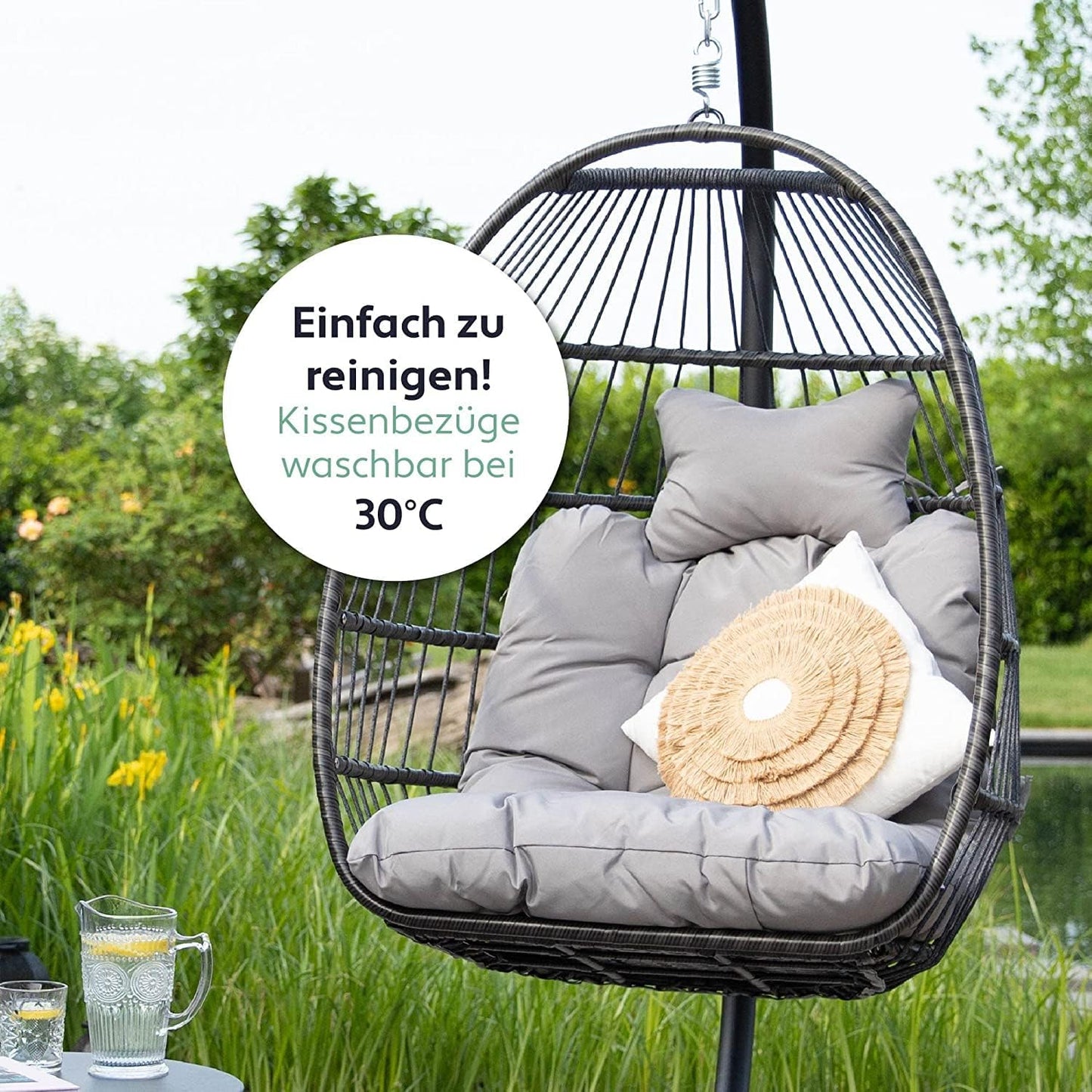 Hängesessel mit Gestell - Boho Egg, Hellgrau