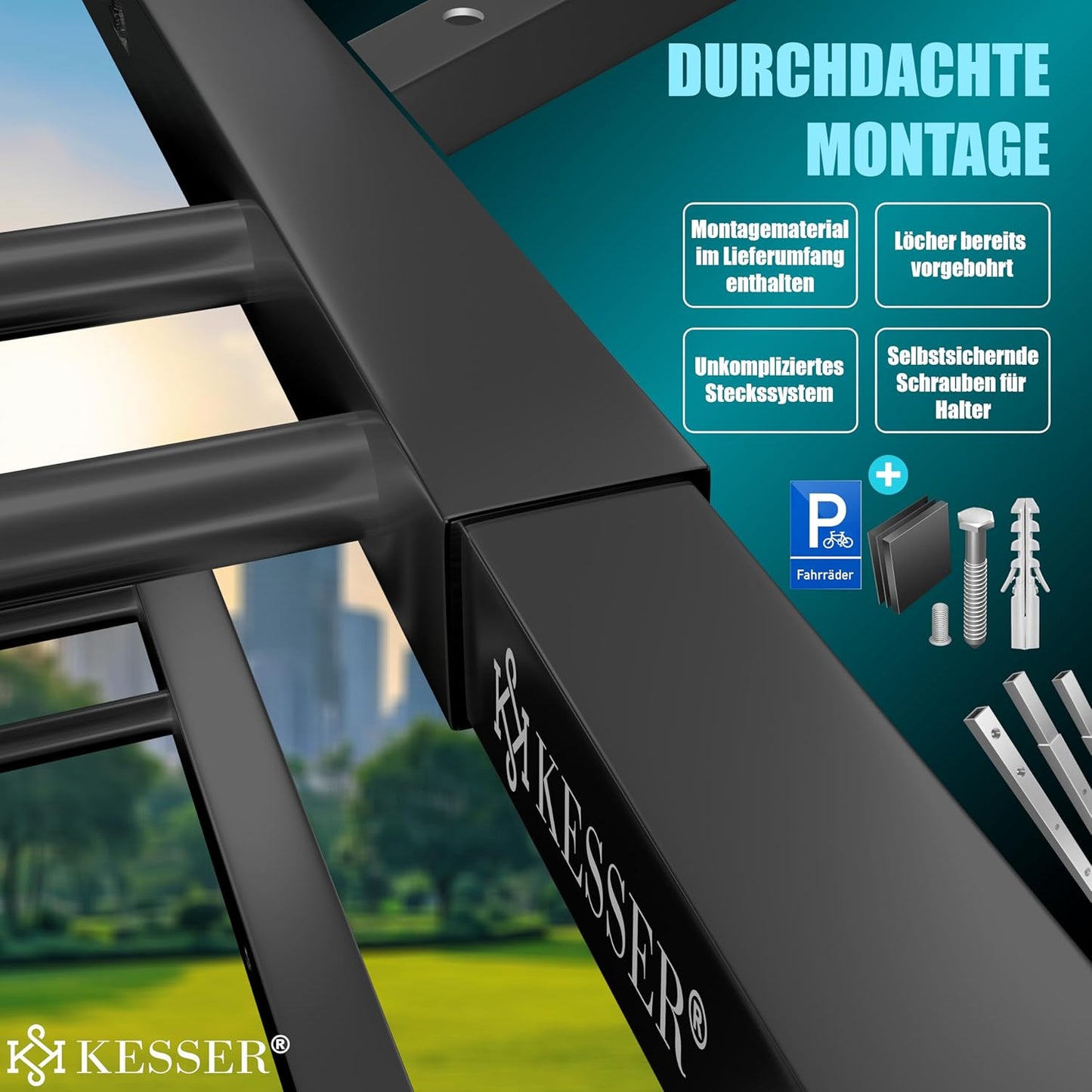 Erweiterbarer Fahrradständer für 2 Fahrräder inkl. Parkschild, Schwarz 2 Fahrräder