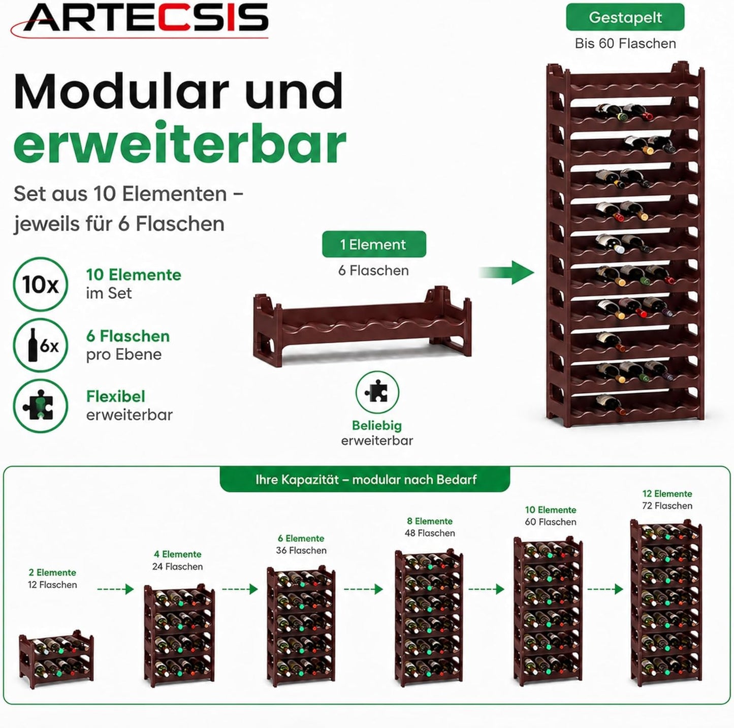 Modulares Weinregal für 60 Flaschen, Braun 60 Flaschen