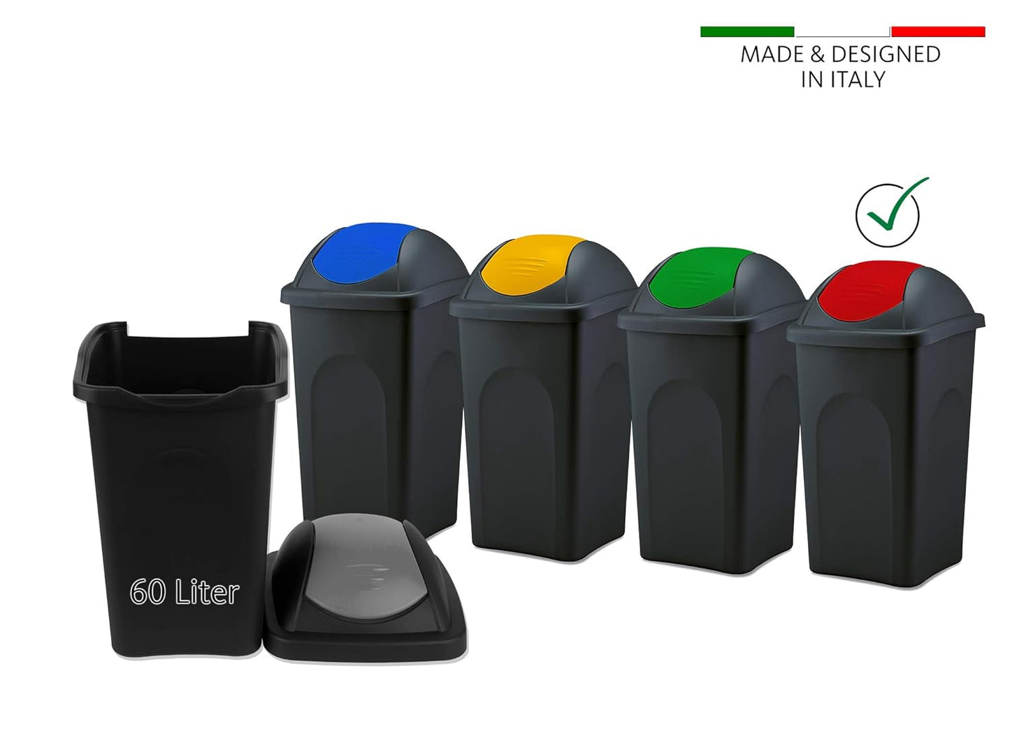 Mülleimer mit Schwingdeckel 60L Kunststoff, Schwarz Rot 60 L