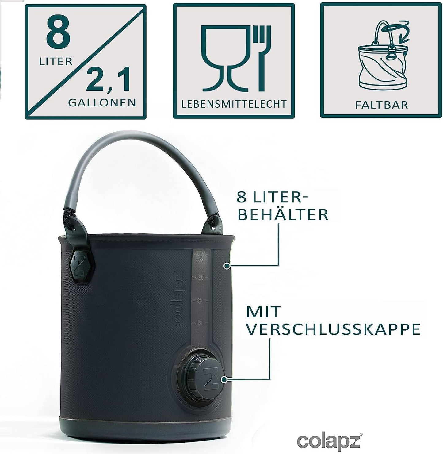 2-in-1 Faltbarer Wasserkanister mit Hahn, 8l, Grau