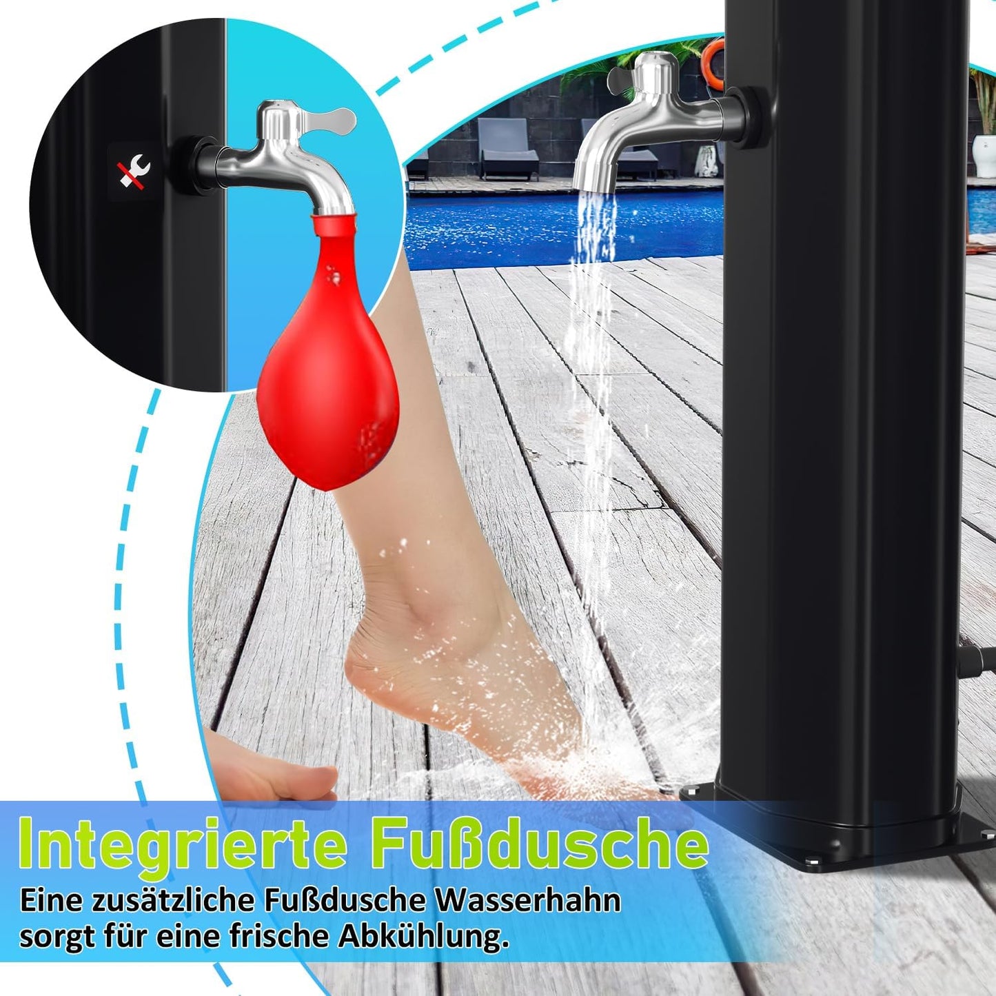 Solardusche mit Fussdusche und schwenkbarem Kopf, 20L mit Schutzhaube