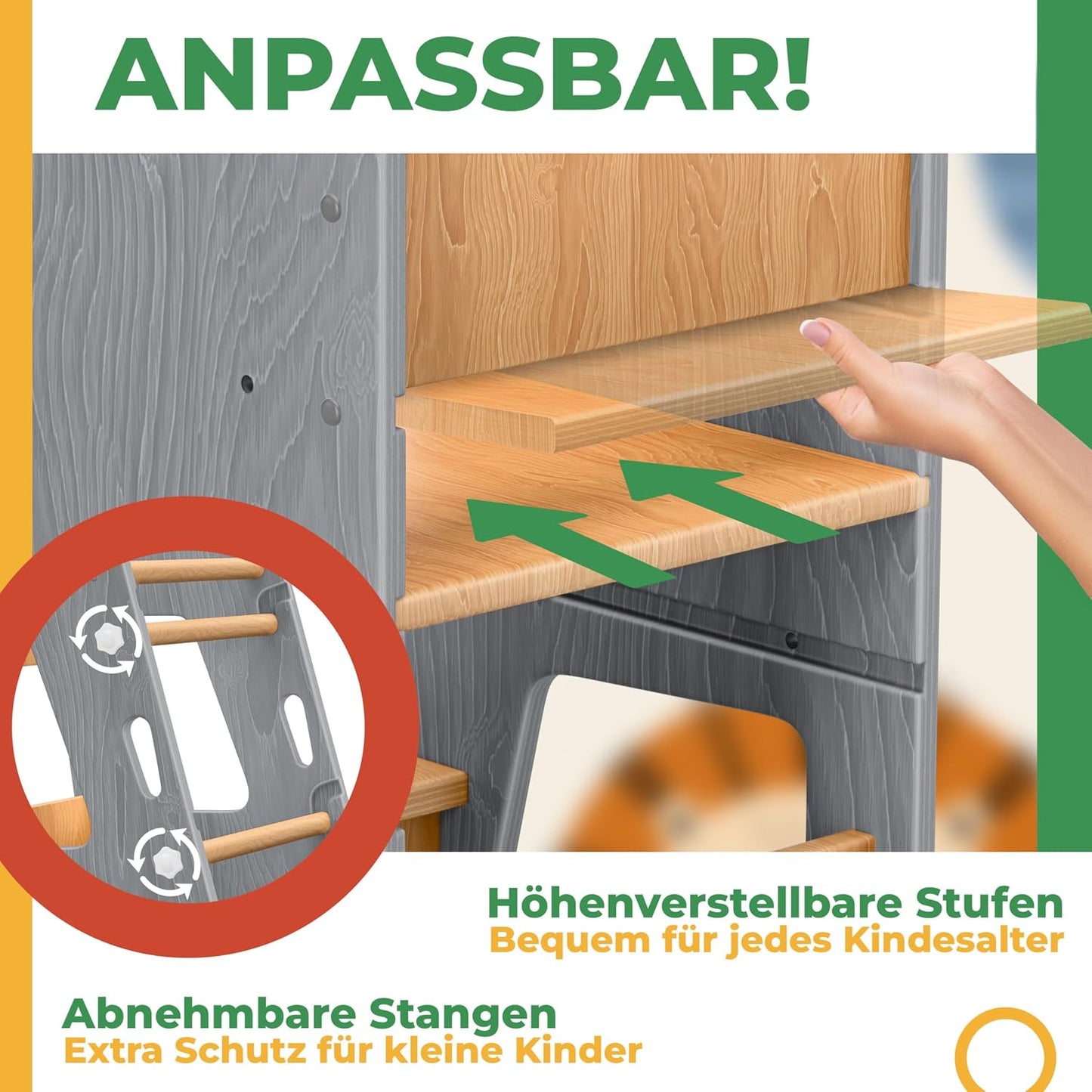 Lernturm für Kinder ab 1 Jahr, höhenverstellbar, Grau & Kiefer