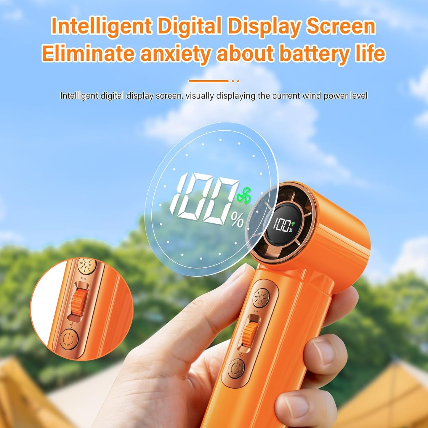 Handventilator mit 100 Stufen & LED Licht, Orange