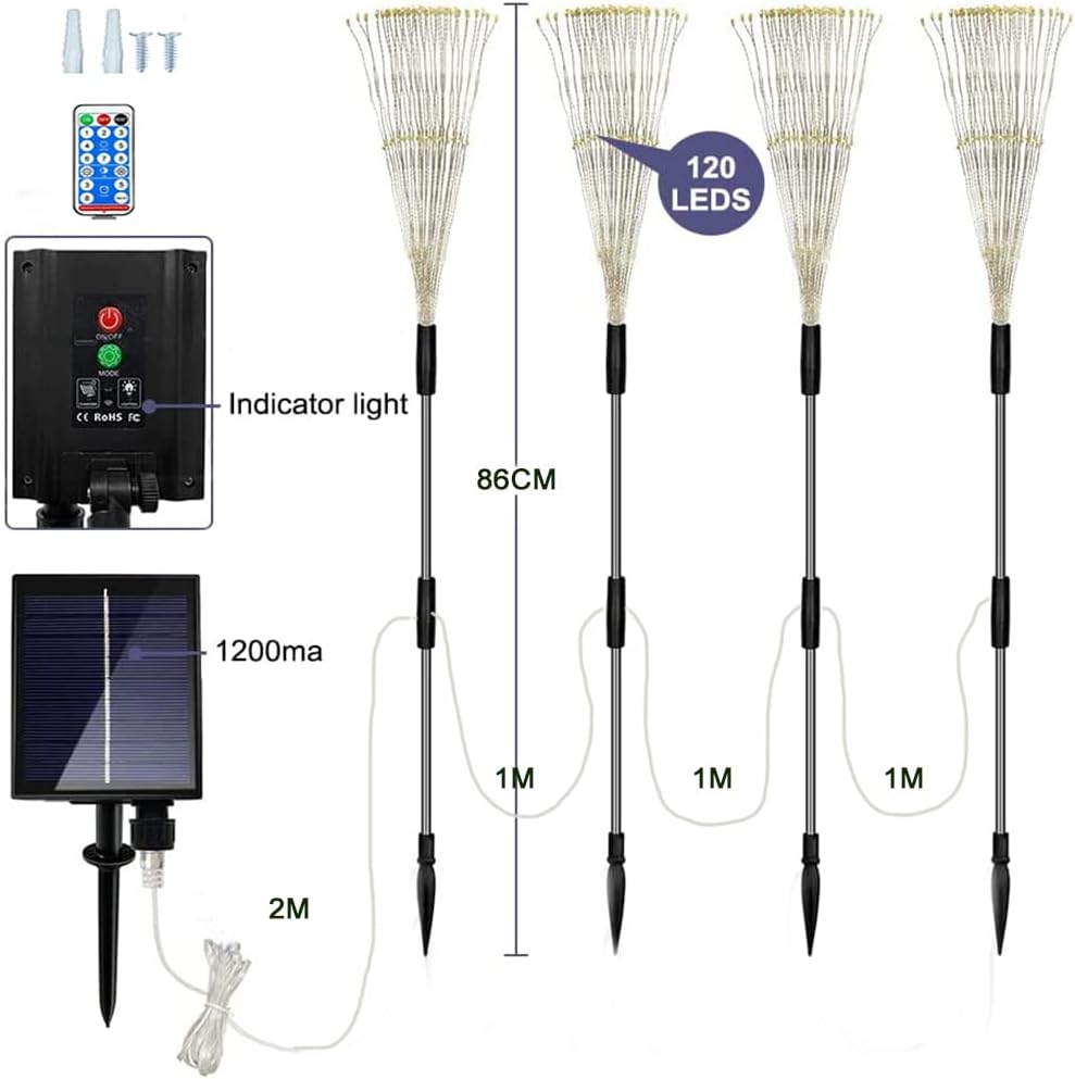 4er-Set Solar-Feuerwerk-Gartenleuchte, 4 X 120 Led Mehrfarbig