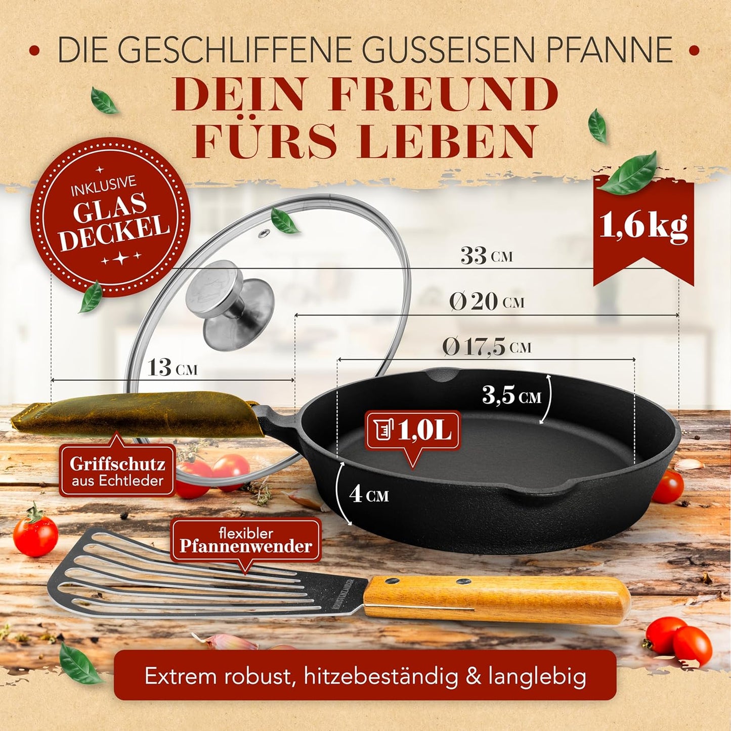 Gusseisenpfanne Induktion 20cm Set mit Deckel & Wender, 20 cm Geschliffene Pfanne + Deckel + Wender