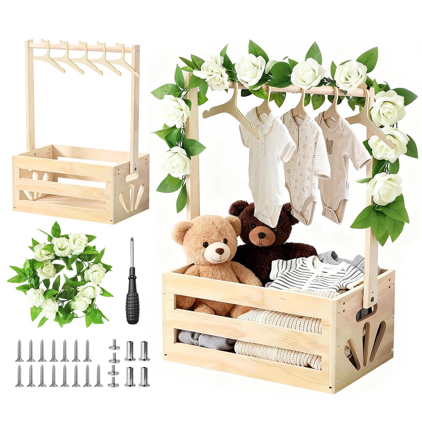Baby-Geschenkkorb mit Kleiderstange, Kleiderbügel & Girlande