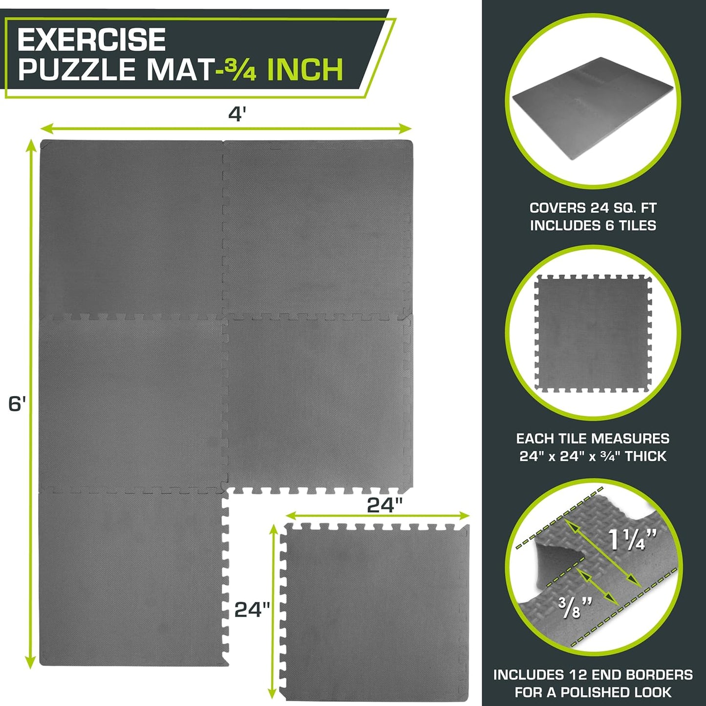 Extra Dicke Puzzle-Übungsmatte, 6 Fliesen, Grey - 3/4 Inch - 24 Sq Ft - 6 Tiles