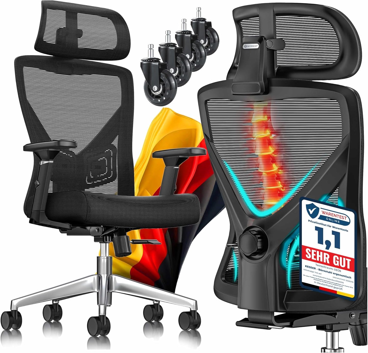 Ergonomischer Bürostuhl mit Wippfunktion, Schwarz / Silber