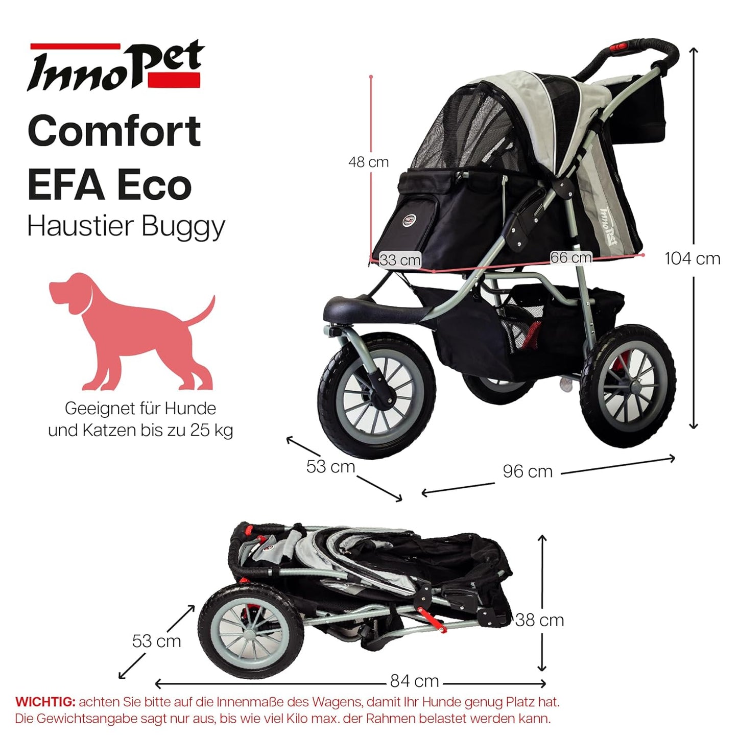 Hundebuggy Comfort Efa Eco mit EVA-Rädern, Schwarz Silber