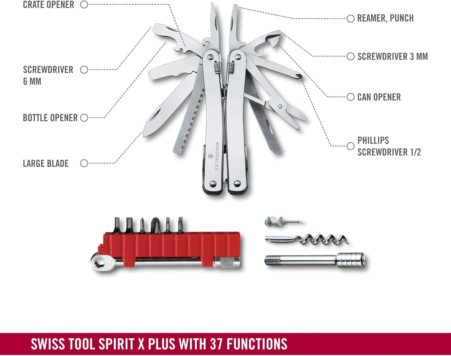 Multifunktionswerkzeug Swiss Tool Spirit X Plus (36 Funktionen), Gerade Klinge Leder-Etui Single