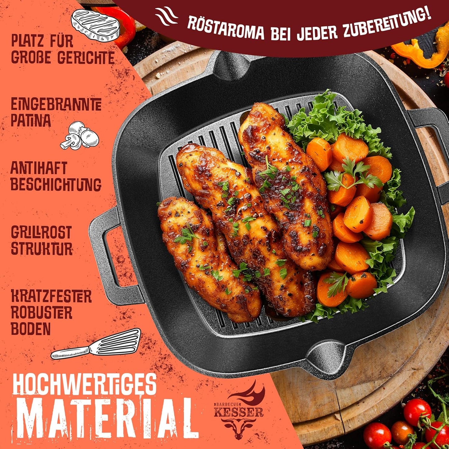 Gusseisen-Grillpfanne, 30 cm, 30 cm Eckig
