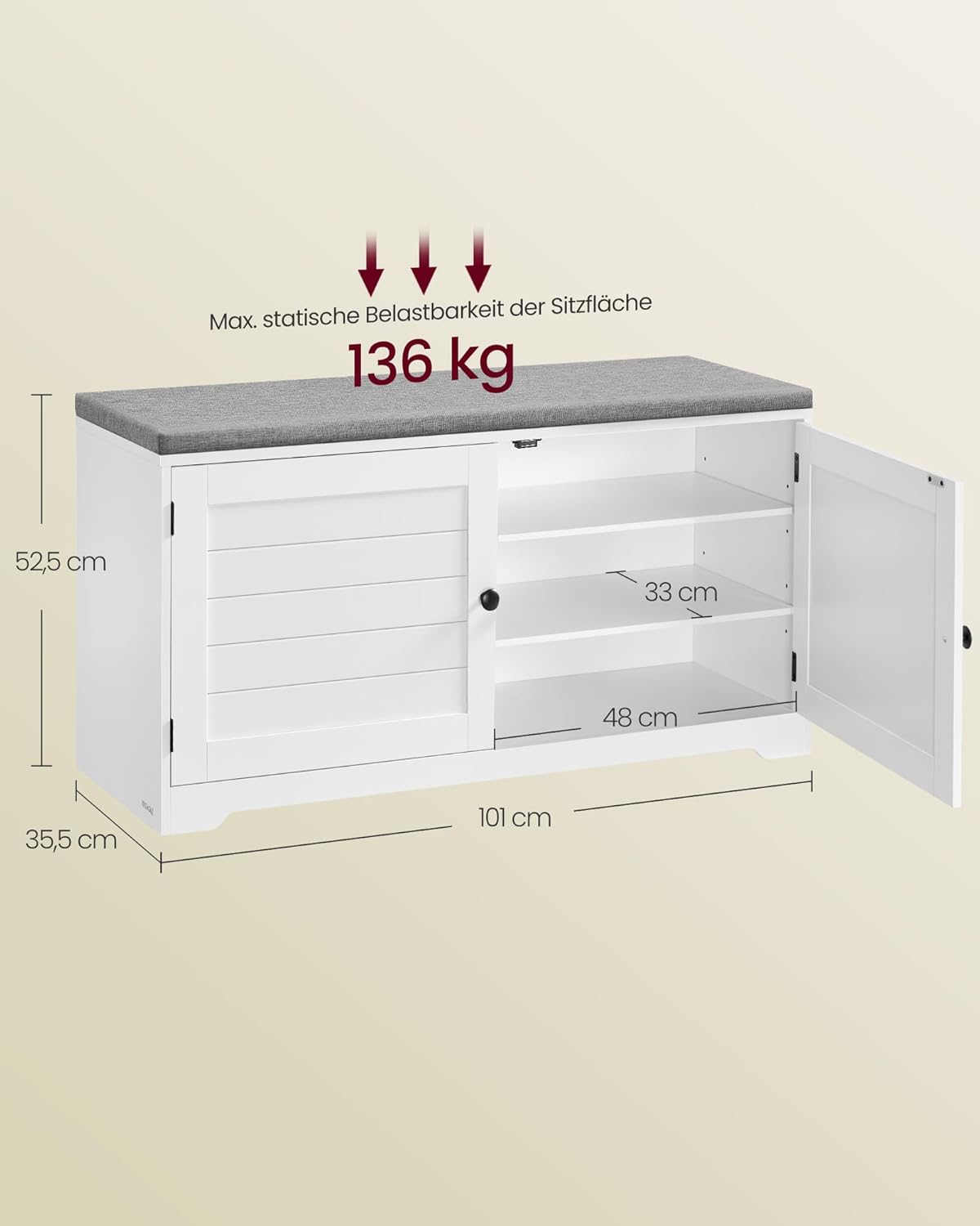 Schuhbank mit Stauraum und höhenverstellbaren Ablagen, 100H cm