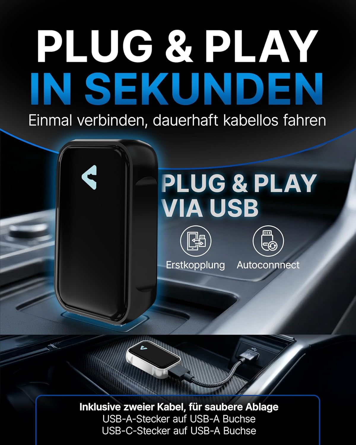 Auto-Nachrüstadapter für kabelloses CarPlay & Android Auto, Black