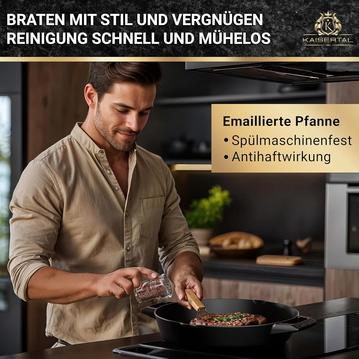 Gusseisen-Bratpfanne mit Rezeptbuch, Emaillierte Bratpfanne mit Doppelgriff