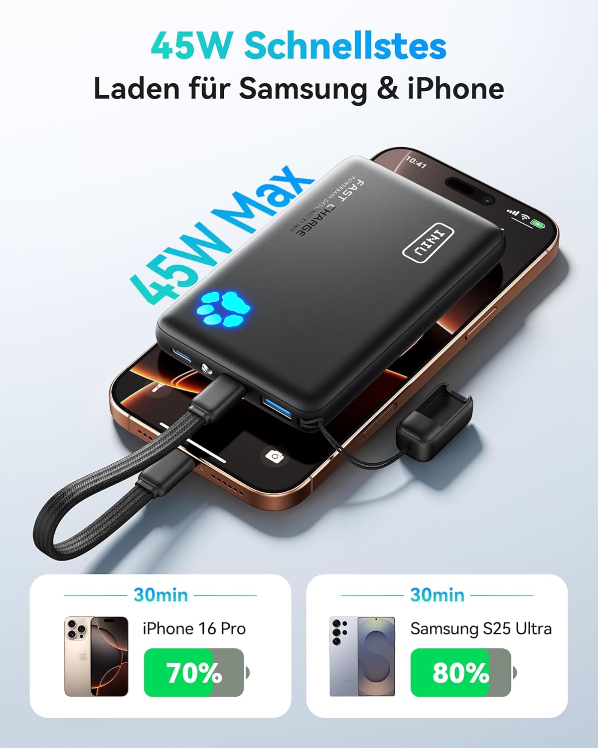 Powerbank 10000mAh mit USB-C & Taschenlampe, Mini Grösse Schwarz