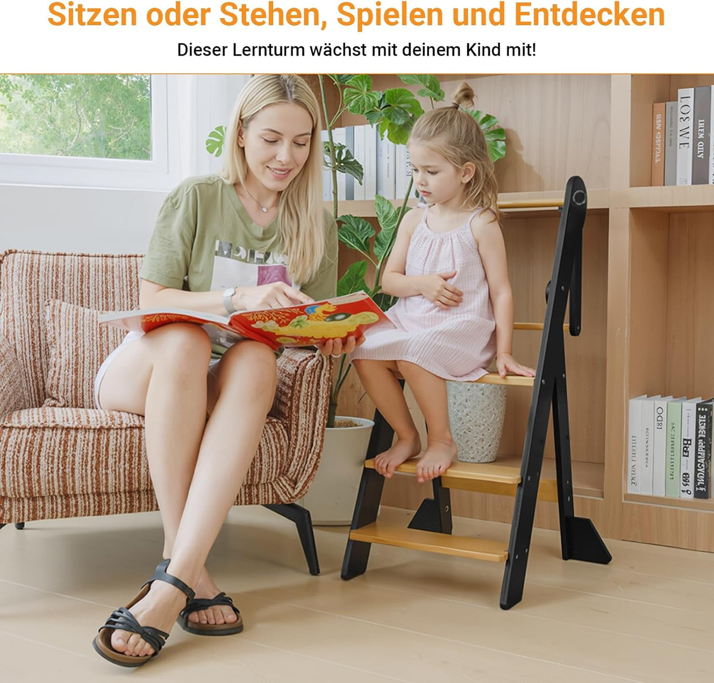 Montessori Lernturm klappbar und höhenverstellbar, L Schwarz & Natur
