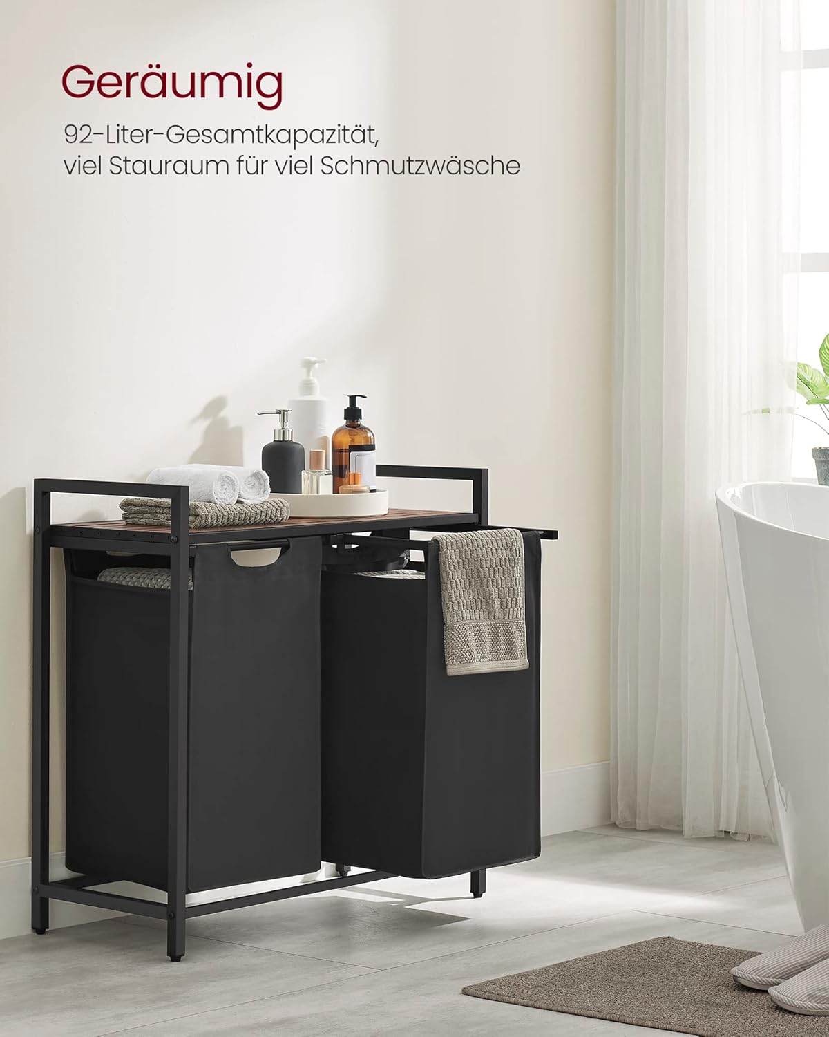 Wäschesammler mit Ablage und 2 Fächer, Tintenschwarz + Vintagebraun 92 L (2 Fächer)