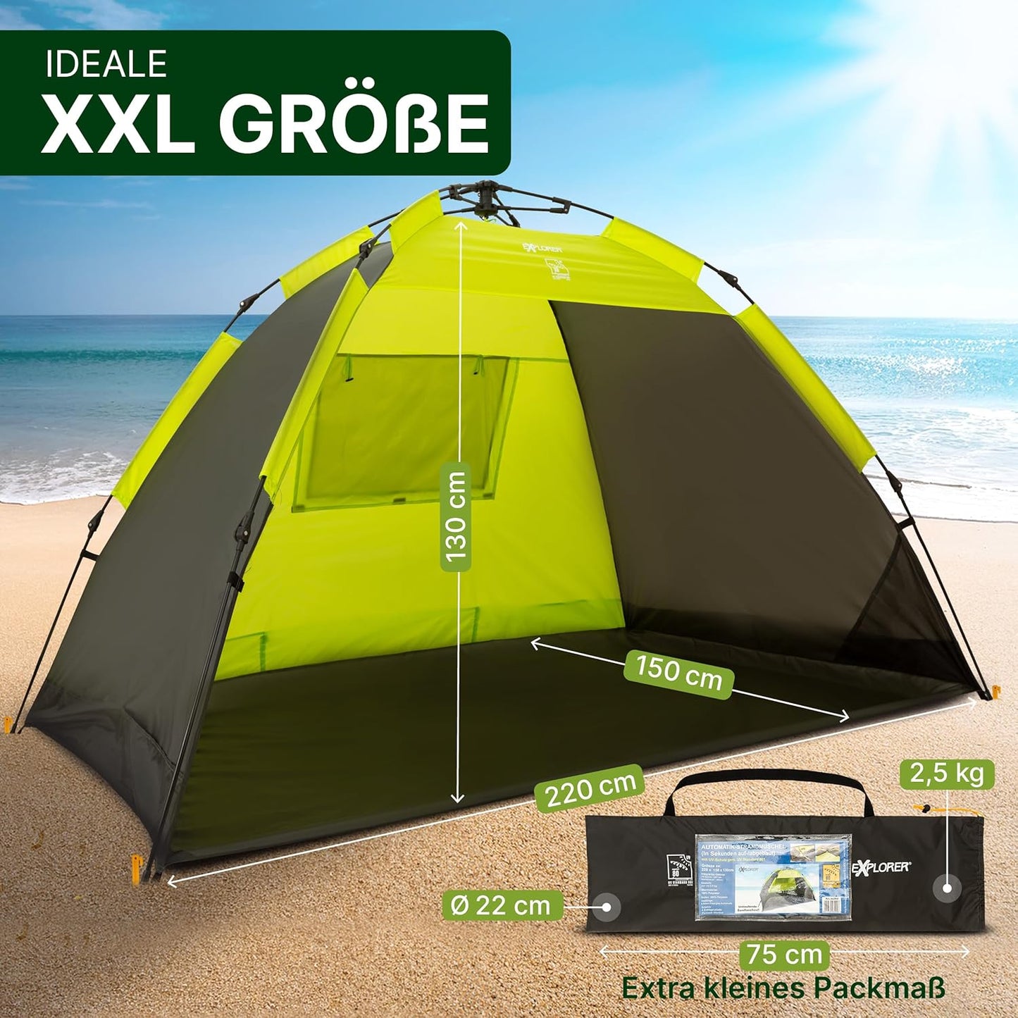 Strandmuschel mit UV-Schutz, Automatik XXL Grün