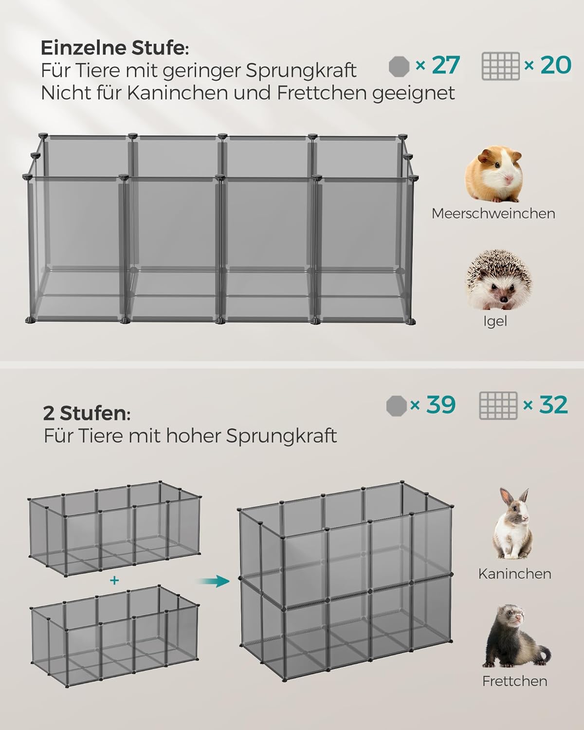 Freigehege Laufstall für Kleintiere, 125 x 63 x 42 cm, S (125 x 63 x 42 cm), Grau