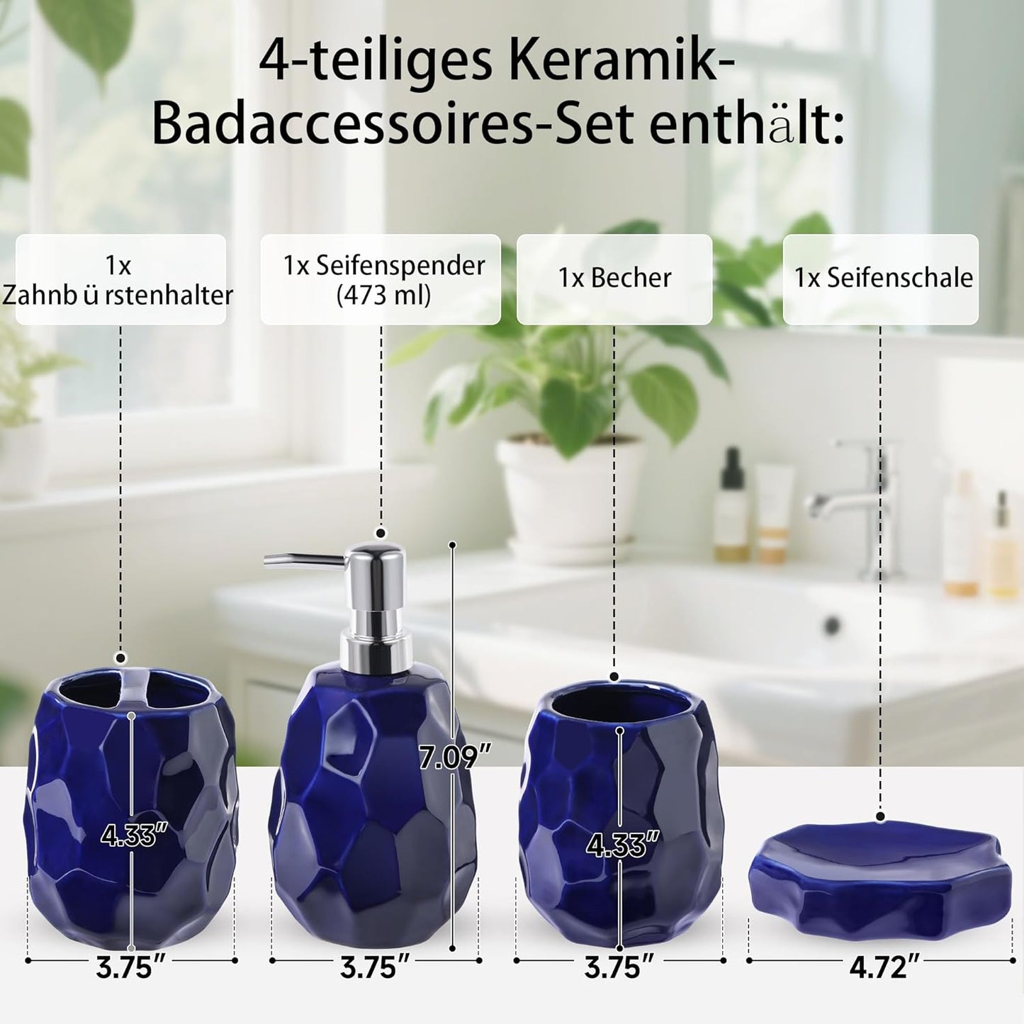 4-teiliges Badezimmer-Zubehör-Set, Dunkelblau
