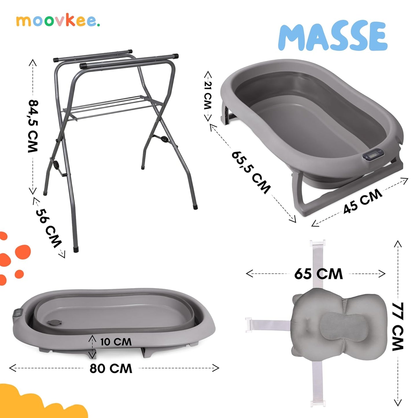 Babybadewanne mit Faltgestell und Badekissen, Dunkel Grau mit Ständer und Badekissen