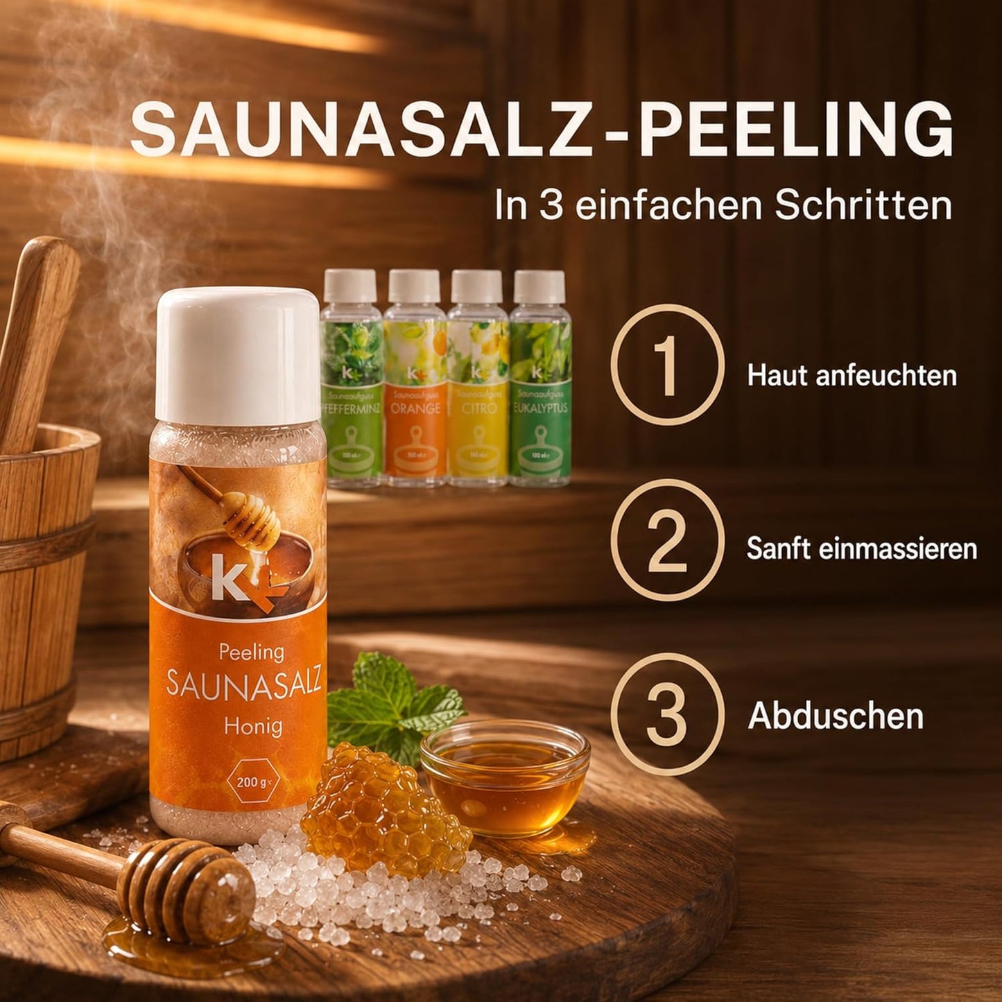 Saunaaufguss Geschenkset Toskana mit Honig Peeling, 4x100ml, Toskana