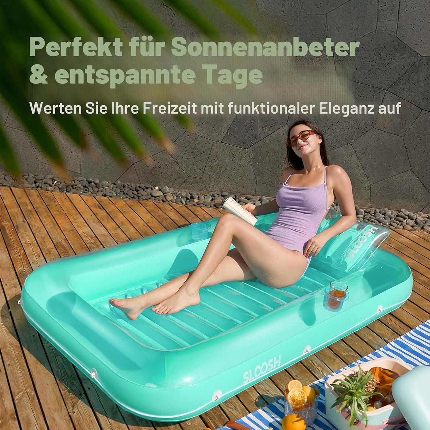 Aufblasbarer Sonnenpool mit abnehmbarem Kissen und Getränkehalter, Cyan L