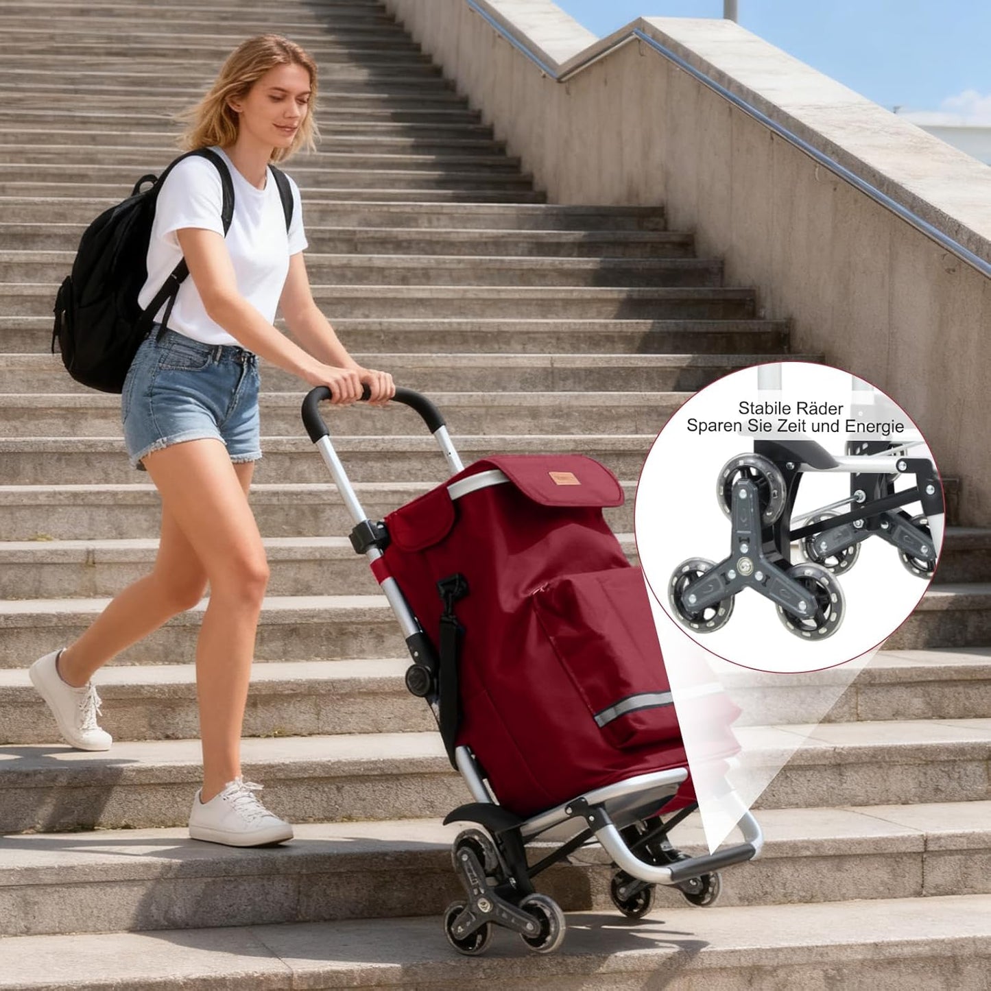 Einkaufstrolley mit 3-rädrigem Treppensteiger, Rot