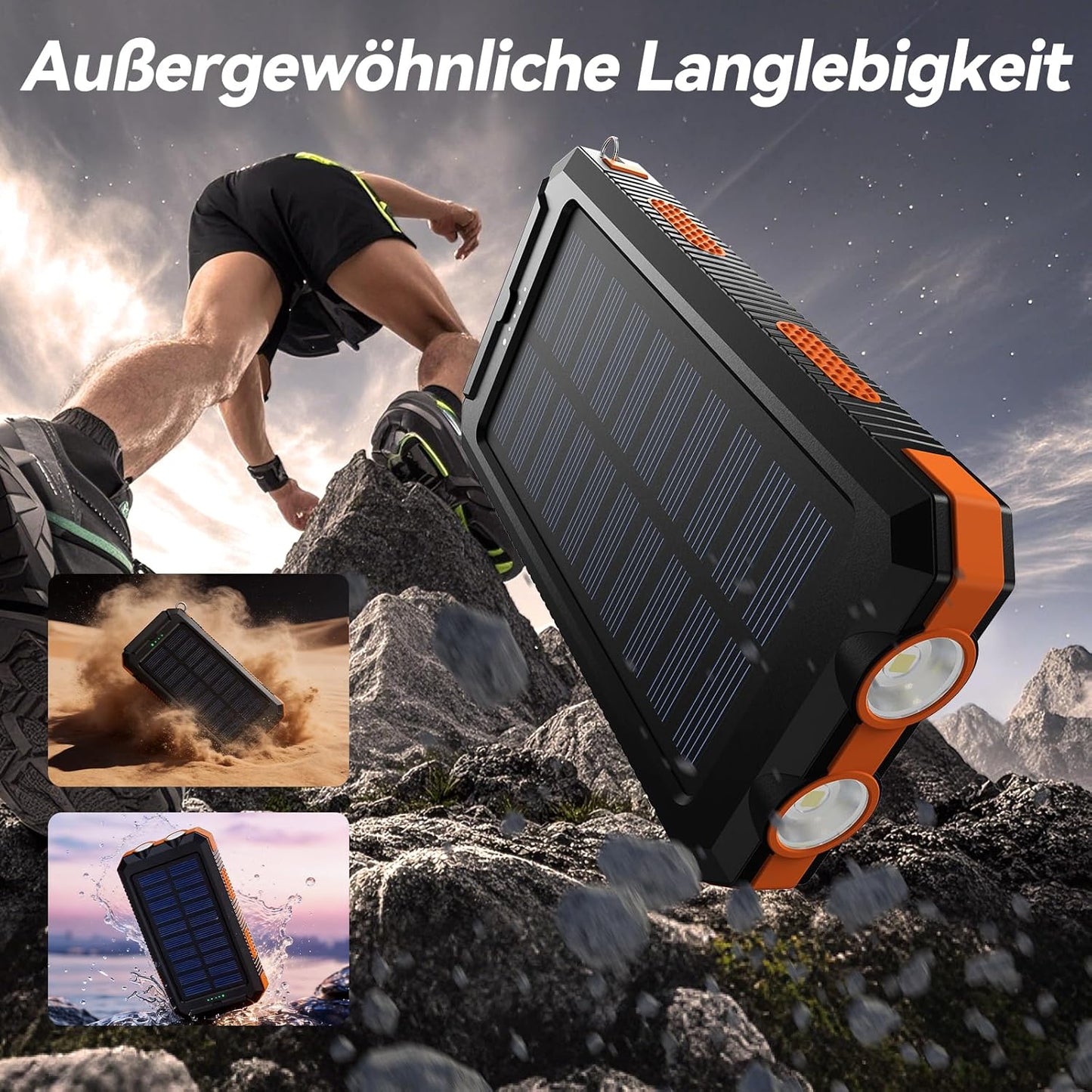 Solar Powerbank, wasserdicht, USB C, 4 Outputs, Dunkelorange