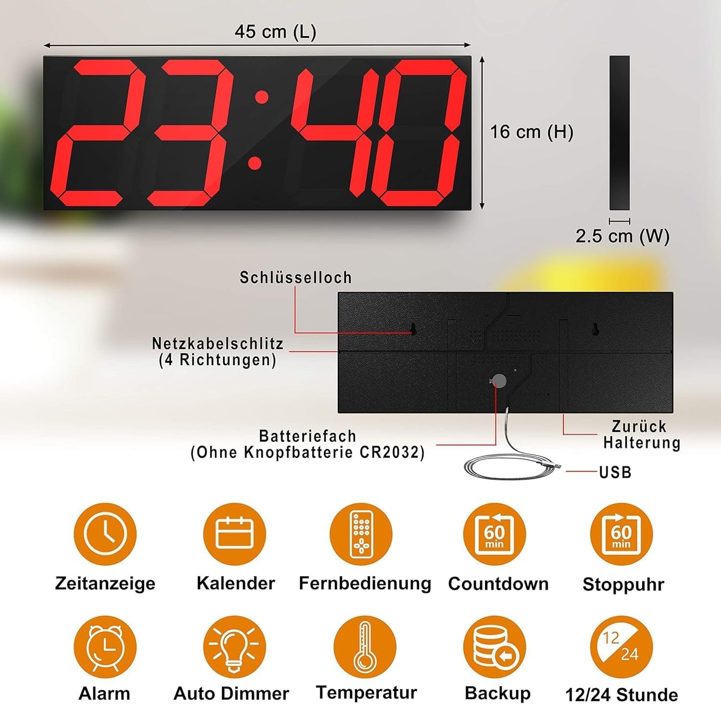 Digitale LED-Wanduhr mit Kalender und Countdown, Rot