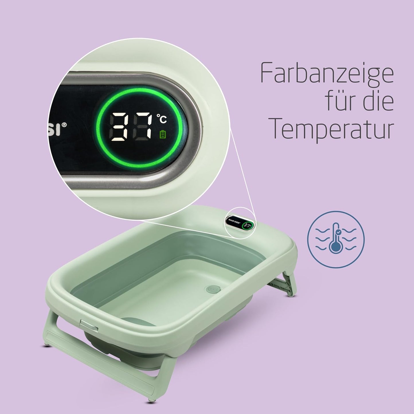 Indigo faltbare Babybadewanne mit Thermometer, Sage Green