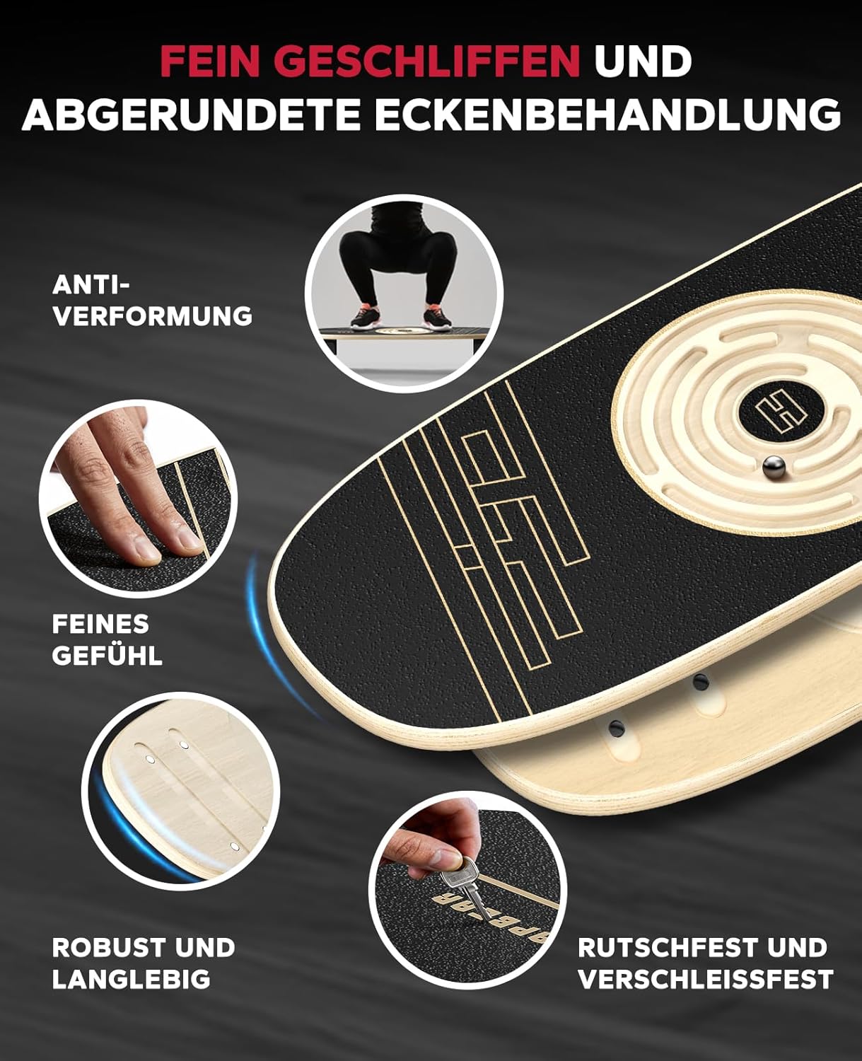 Labyrinth Balanceboard mit Korkrolle & Halbkugel, Schwarz / Holzfarben