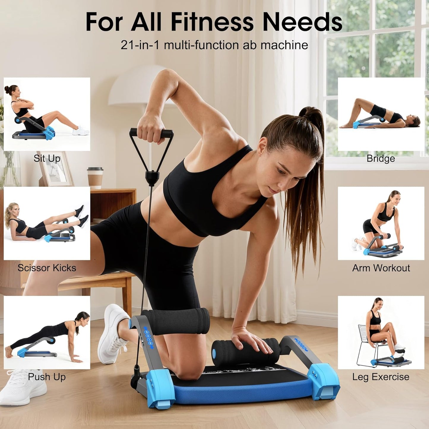 Bauchtrainer mit Zugseilen und einstellbarem Widerstand, Blau