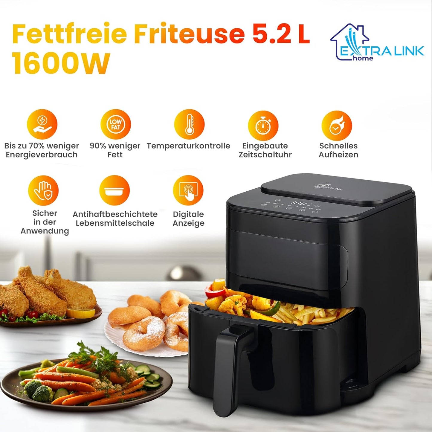 Heissluftfritteuse mit 8 Funktionen, 5.2 LITER