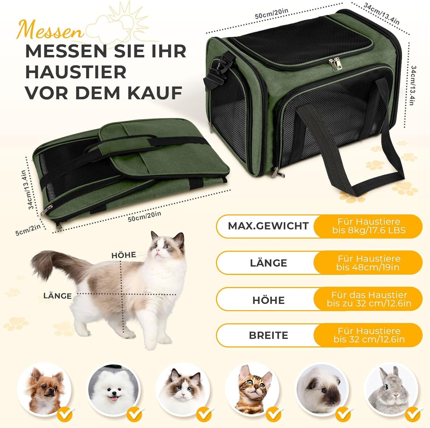 Faltbare Transporttasche bis 8 kg, 50 x 34 x 34 cm Grün