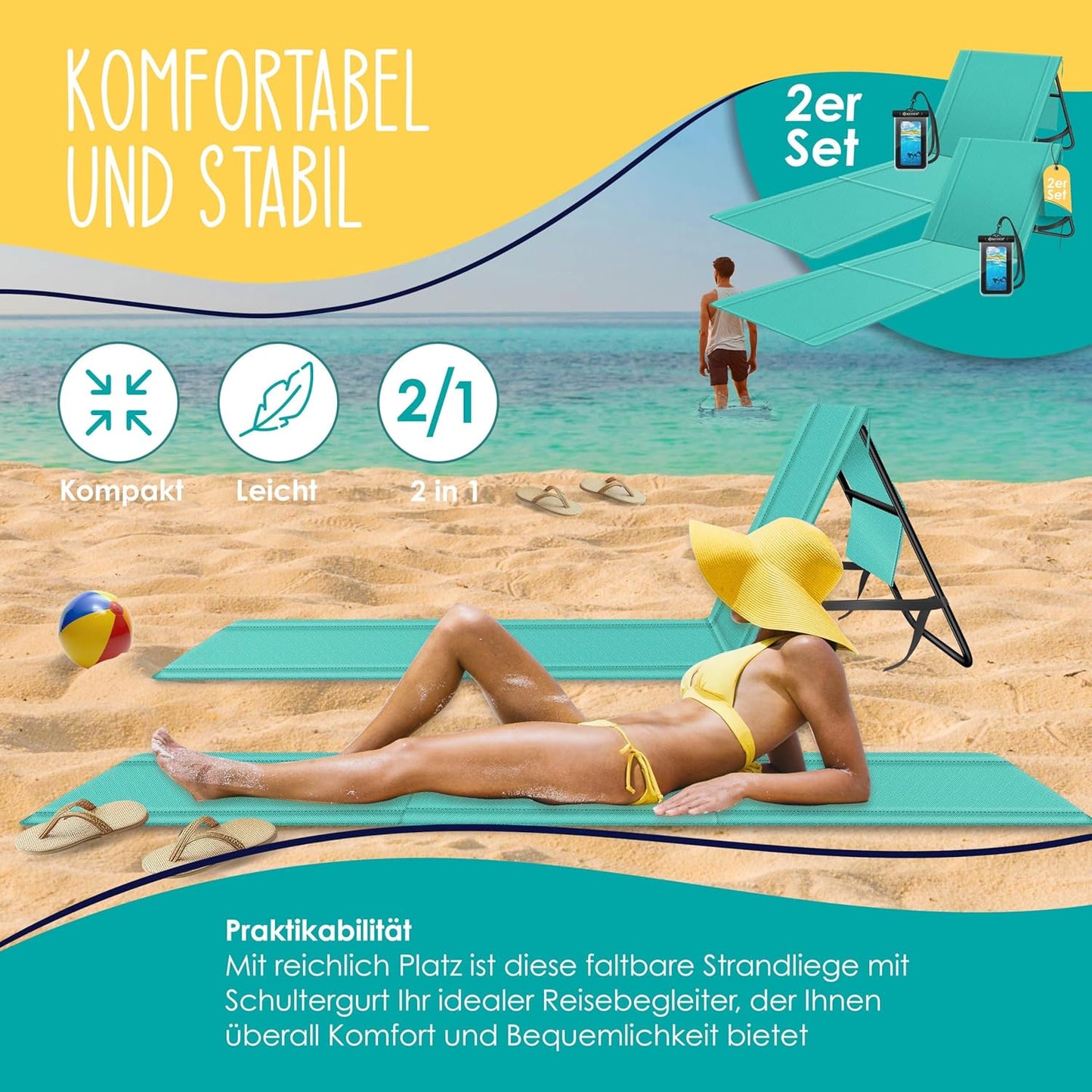 Klappbare Strandmatte mit verstellbarer Rückenlehne und Tragegurt 2er-Set, 2 Stück Aqua Blue