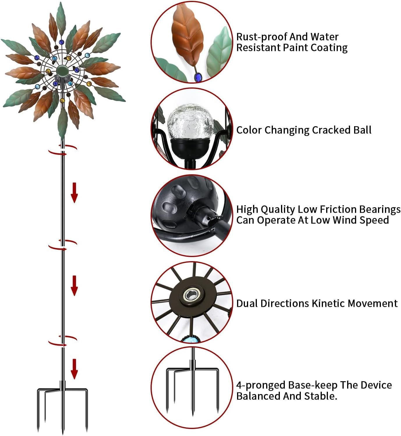 Solarbetriebener Garten-Windspinner mit Beleuchtung, Durchmesser 20,4 Zoll