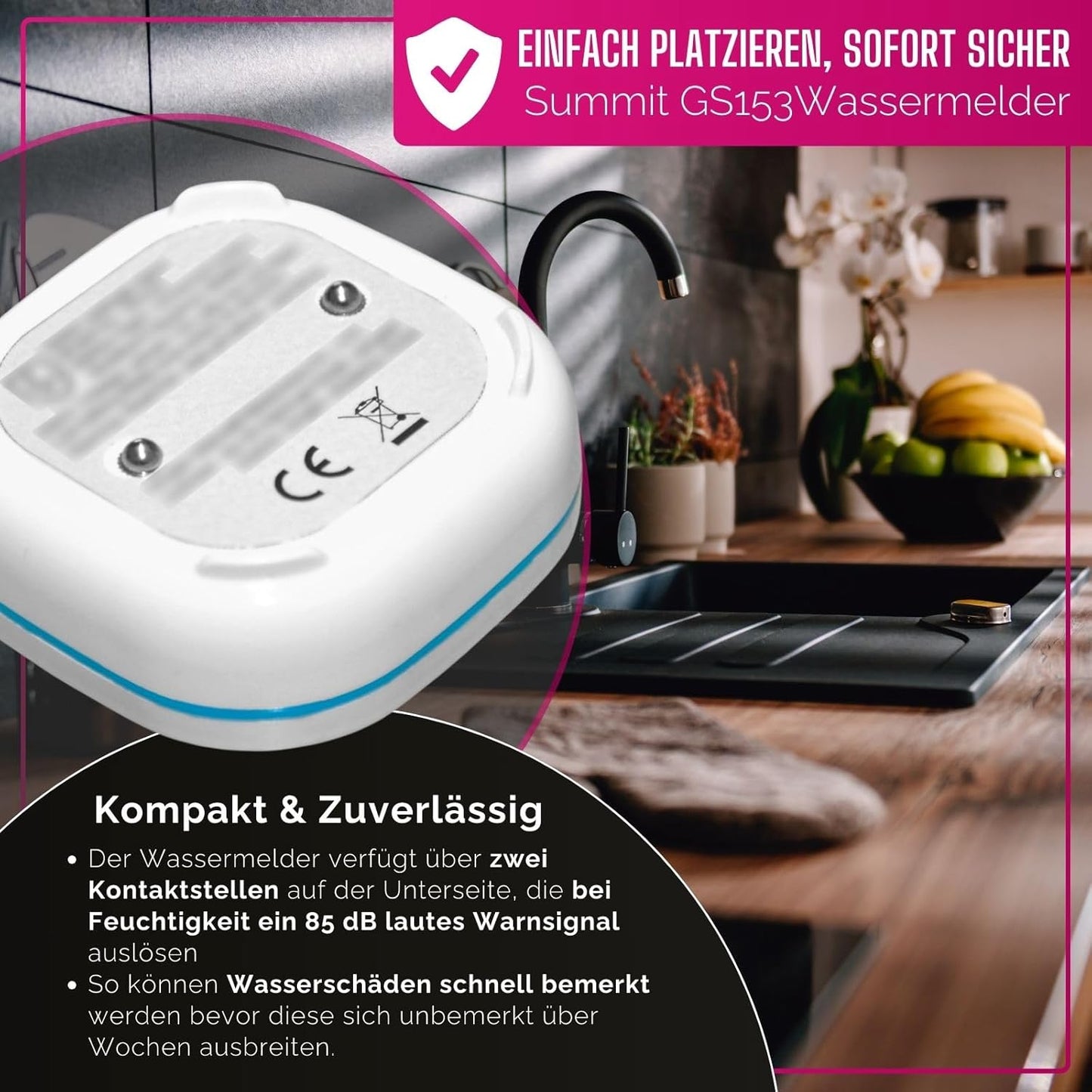 2er Wassermelder-Set GS153 mit 85dB Alarm, 2 Stück GS153