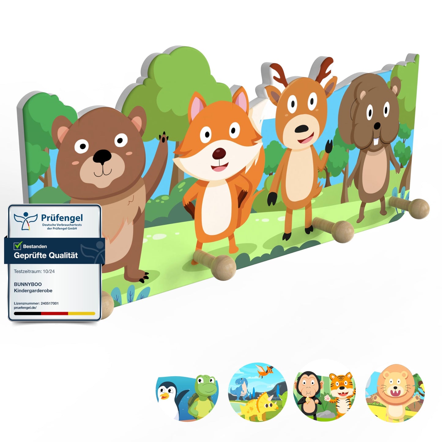 Kindergarderobe aus Holz mit 4 Haken (Wald-Design), Wald
